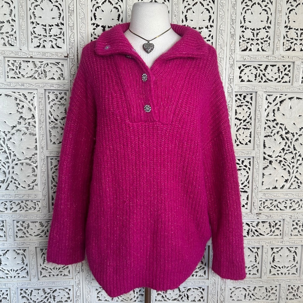 Express London Wool Blend Hot‎ Pink Fuzzy Soft Oversized Henley Sz Medium